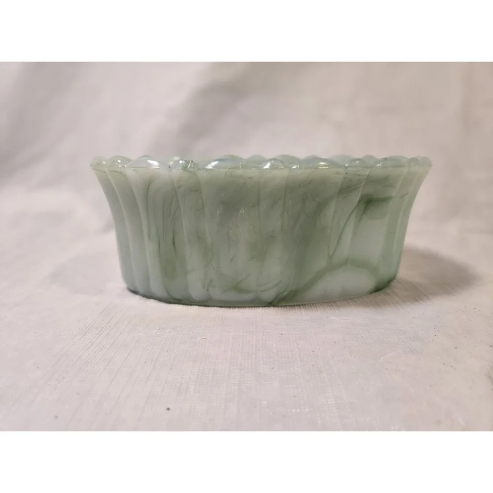 Vintage Akro Agate Green Slag Glass Dish Planter
